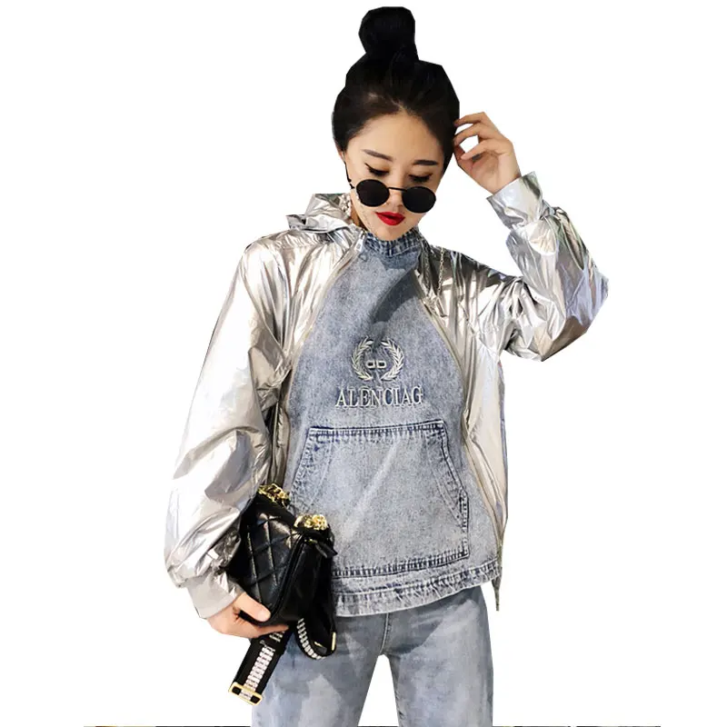 

2019 Spring Suit Sets Women Fashion Hooded Denim Stitching Letters Embroidered Jacket Casual Suits Side Denim Pants Female TY222