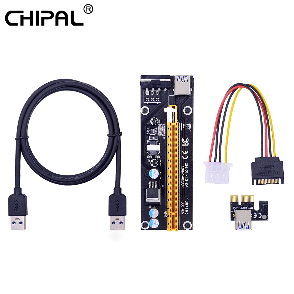 

CHIPAL VER006 100CM PCI-E 1X to 16X Riser Card PCIe Extender + USB 3.0 Cable / SATA to 4Pin Molex Power Cord for Miner