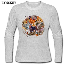 Женские футболки LYNSKEY с круглым вырезом, хлопок, дизайнерские топы с длинными рукавами, футболки, дизайн, повседневная одежда, рубашка с котом, коллаж