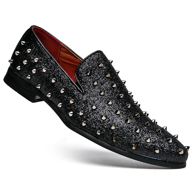 men's spike dress shoes italian silver gold slip on rhinestone loafers 2017 luxury brand unique cool male studded footwear flats (36)