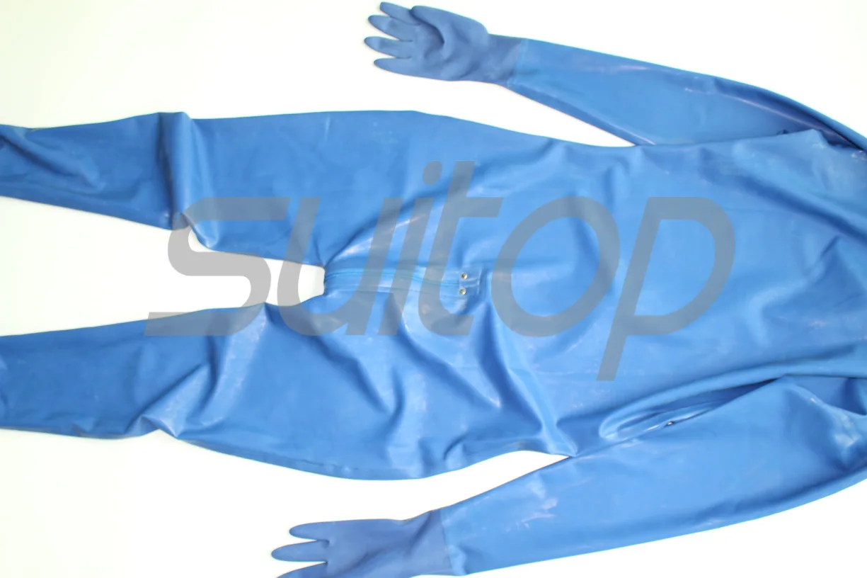 Full cover body latex catsuit  rubber zentai with back zip to lower abdomens 3 zippers gloves, socks and hoods attahced in blue