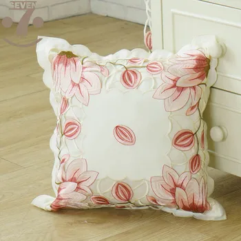 

High Quality Satin Cloth Tulip Pattern 43x43cm Square Rose Color Embroidered Cutwork Pillow Cover