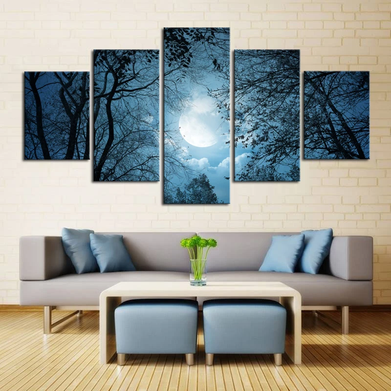 5 Pieces Canvas Prints Painting Wall Art Silent Moon Light Night Full