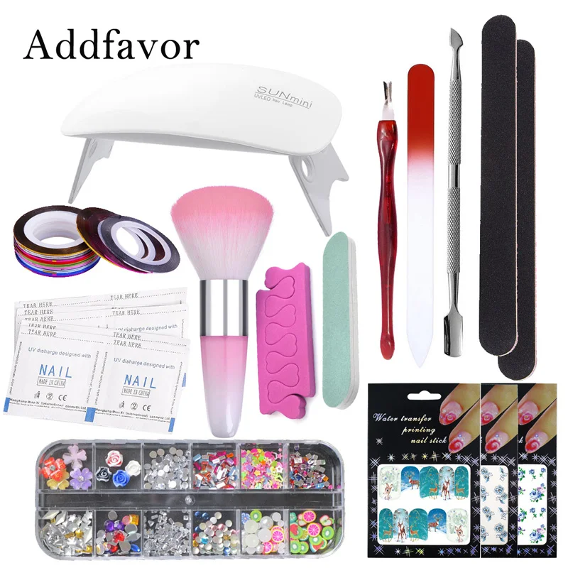 

Addfavor Nail Manicure Tools Kit Dryer 6W UV LED Lamp Nail File Buffing Cuticle Pusher Decoration Rhinestone DIY Practice Tools