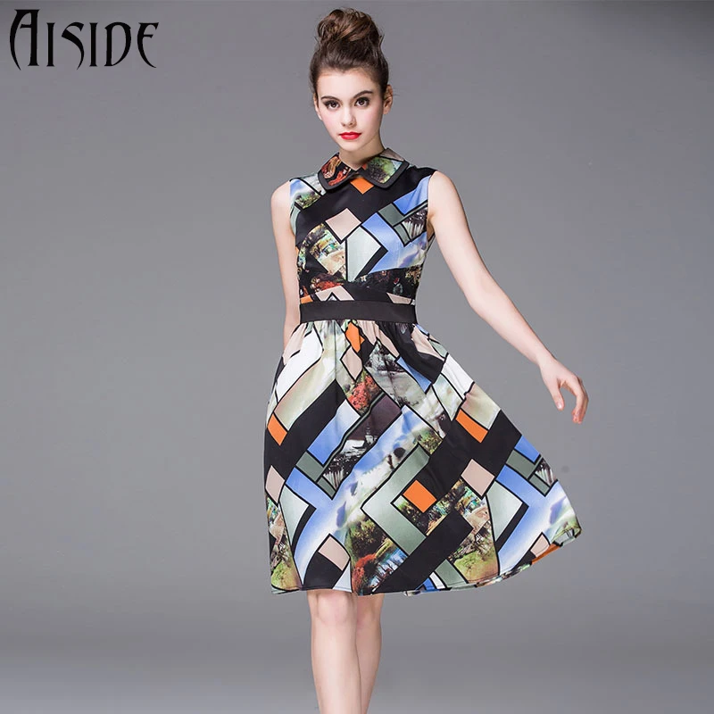 2016 Fashion European Vintage Style Women High End Chic Colorful Geometric Pattern Sleeveless Keen Length 2016 Fashion European Vintage Style Women High End Chic Colorful Geometric Pattern Sleeveless Keen Length