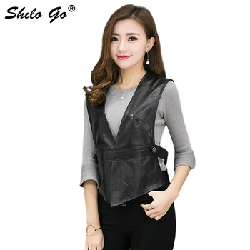 

New Fashion Street Women Belt Sexy Colors Short V-Neck sheepskin Genuine Leather sleeveless Black Sexy Tank Vest Ladies