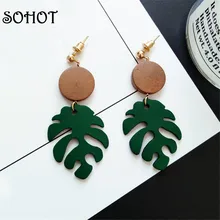 SOHOT – boucles d'oreilles de Style ethnique, fait à la main, en forme de feuille Monstera, plante tropicale en bois, bijoux, accessoires de plage d'été
