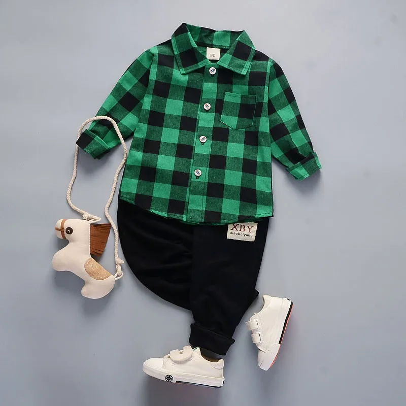 Комплекты одежды для новорожденных мальчиков, весенне-осенняя хлопковая рубашка в клетку для малышей + штаны, 2 предмета, модные костюмы для