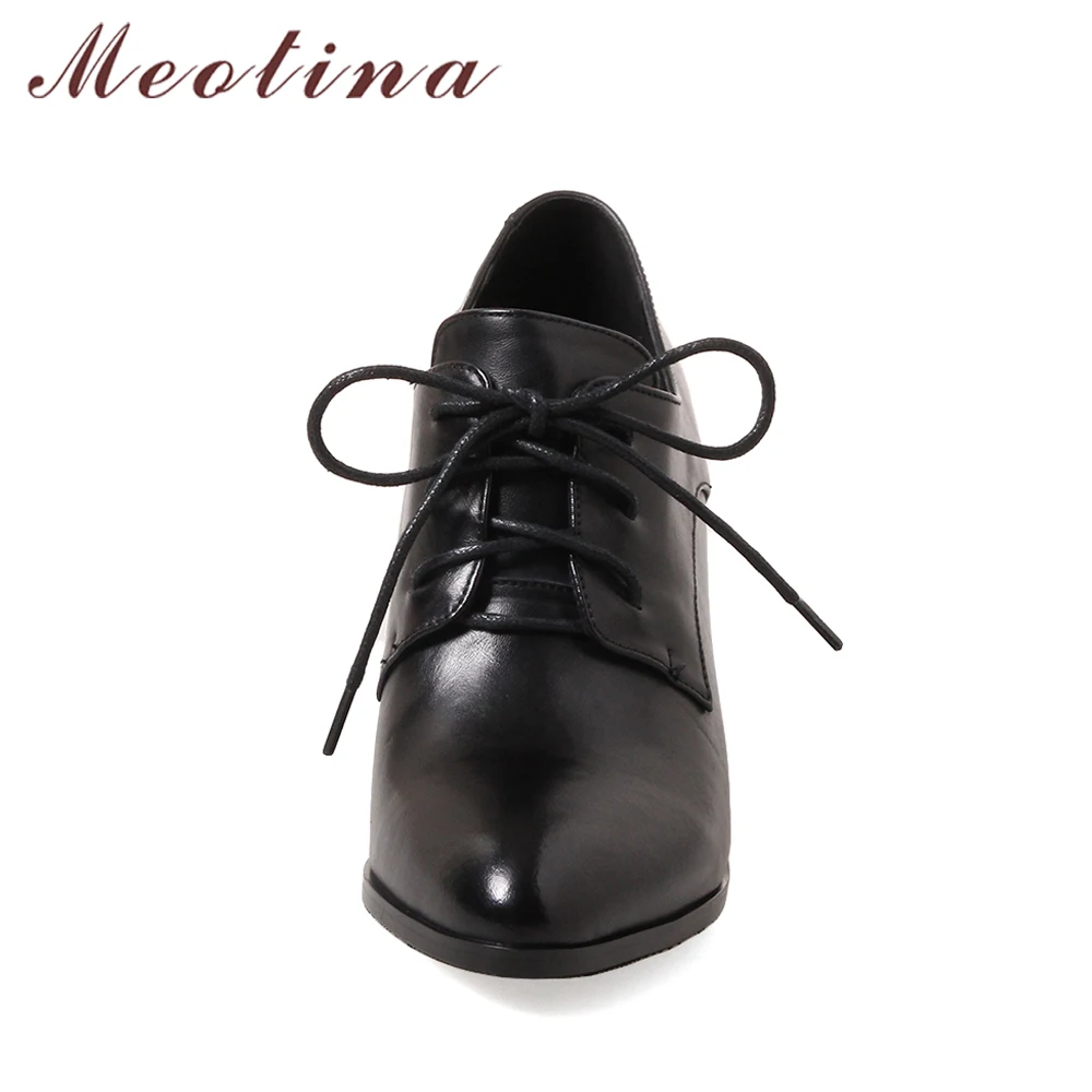 Meotina/обувь из натуральной кожи женские туфли-лодочки Дамская обувь на высоком каблуке со шнуровкой черные весенние замшевые туфли на высоком толстом каблуке, большие размеры 33-43