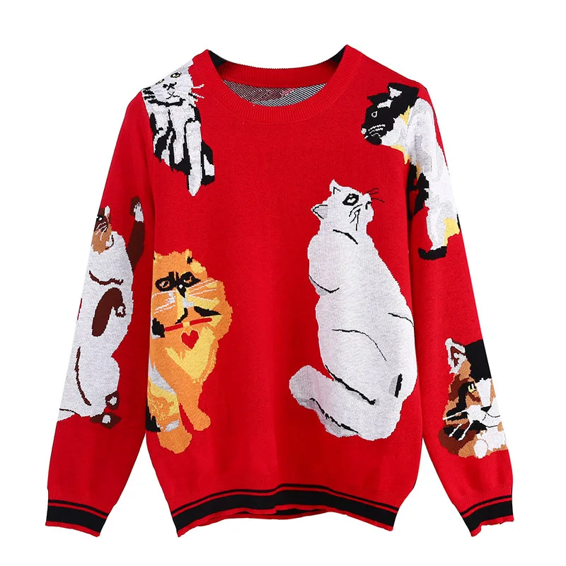 

Luxury Designer Brand Knitted Sweater for Women Red Cat Cartoon Jacquard Loose Knitted Pullover Sweater
