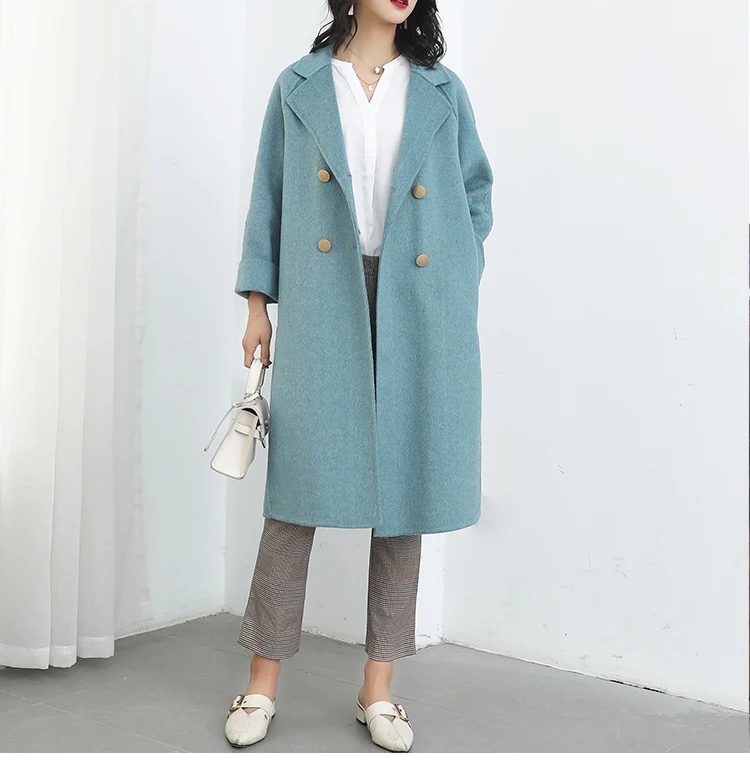 Двустороннее кашемировое пальто весна новое шерстяное пальто для женщин зимние пальто с широкой талией синие пальто