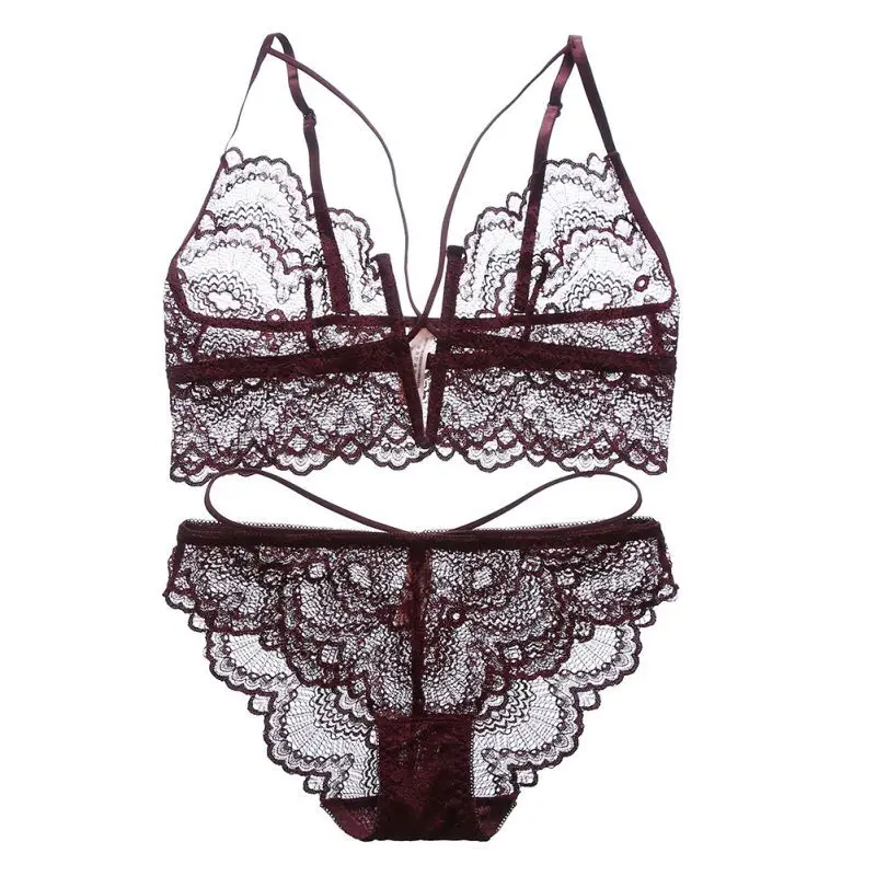 Women Lingerie Lace Thin Without Steel Ring Breathable Deep V bra + Panties Set Women Underwear Set