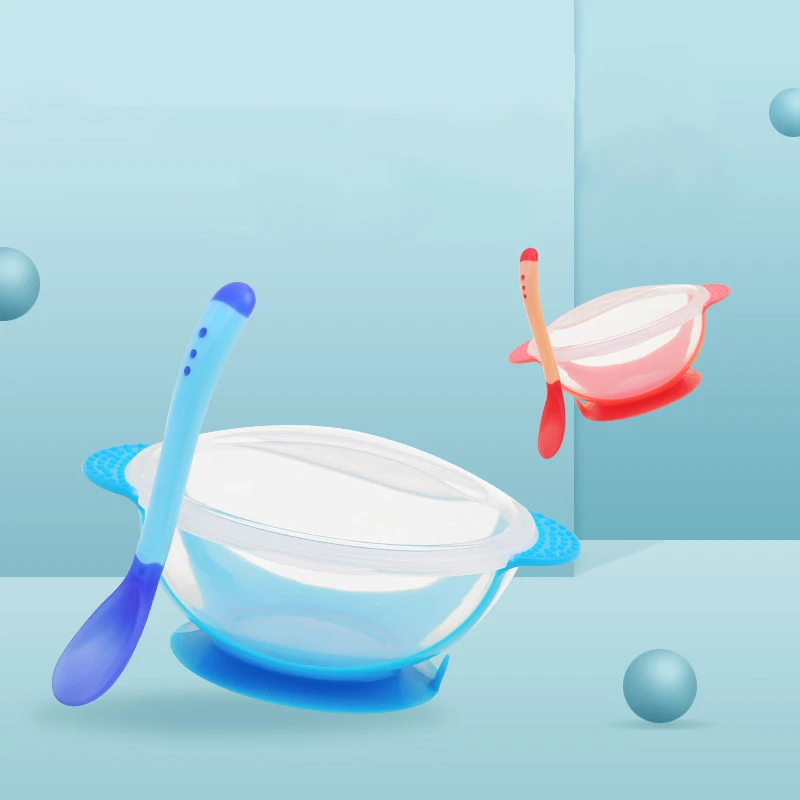 

1set Baby Tableware Dinnerware Suction Bowl with Temperature Sensing Spoon baby food Baby dinner Feeding Bowls dishes
