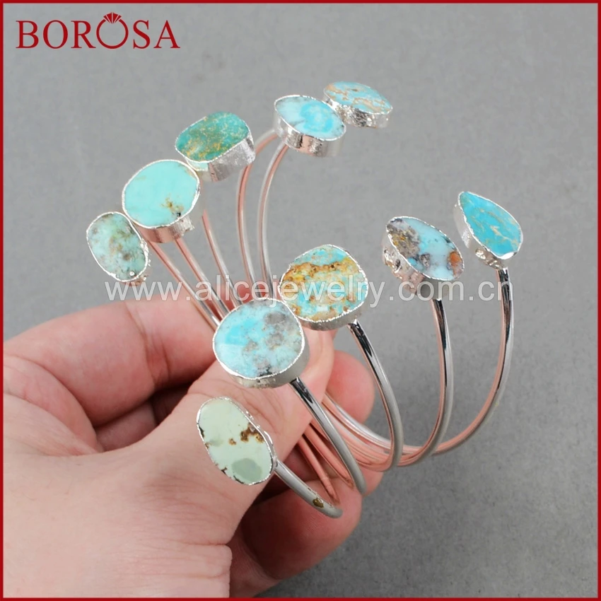 

BOROSA Silver Color Two Stone Cuff Bangle 100% Natural Free-formBlue Stone Adjustable Bangle Drusy Druzy Jewelry S0235