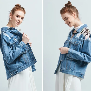 

2019 New Women Jacket Spring Autumn Fashion Embroidered Denim Coat Female Short Long Sleeve Loose Beaded Print Jacket Women N145