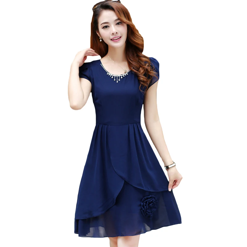 

Blue Black Red Short Sleeve Ladies Summer Dress 2019 New Arrival Women Vestidos Elegant A-Line Solid O-Neck Collar Dresses XH364