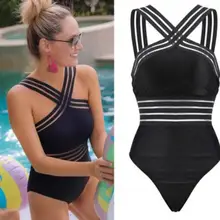 Сексуальный сдельный Купальник для женщин с высокой горловиной, бандажный купальник с перекрестной спинкой, монокини, черный купальник для женщин, купальный костюм