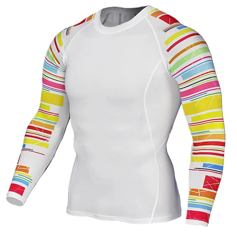 Компрессионная футболка для бега, мужские фитнес-колготки с длинным рукавом, белые топы с принтом, футболки для тренажеров, фитнеса, мужские футболки, Рашгард, дропшиппинг