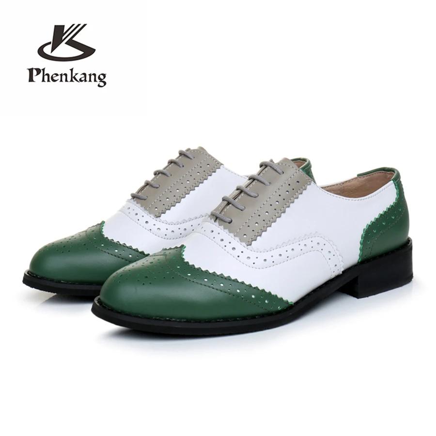 

Genuine cow leather brogue casual designer vintage lady flats shoes handmade oxford shoes for women 2019 spring green grey white