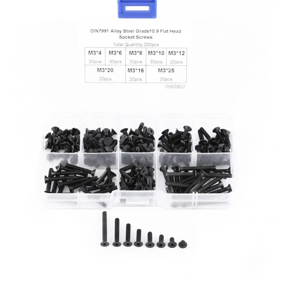 

200Pcs/Set M3 Flat Head Countersunk head black grade 10.9 Alloy Steel Hex Socket Head Screw Repair Tool Accessory