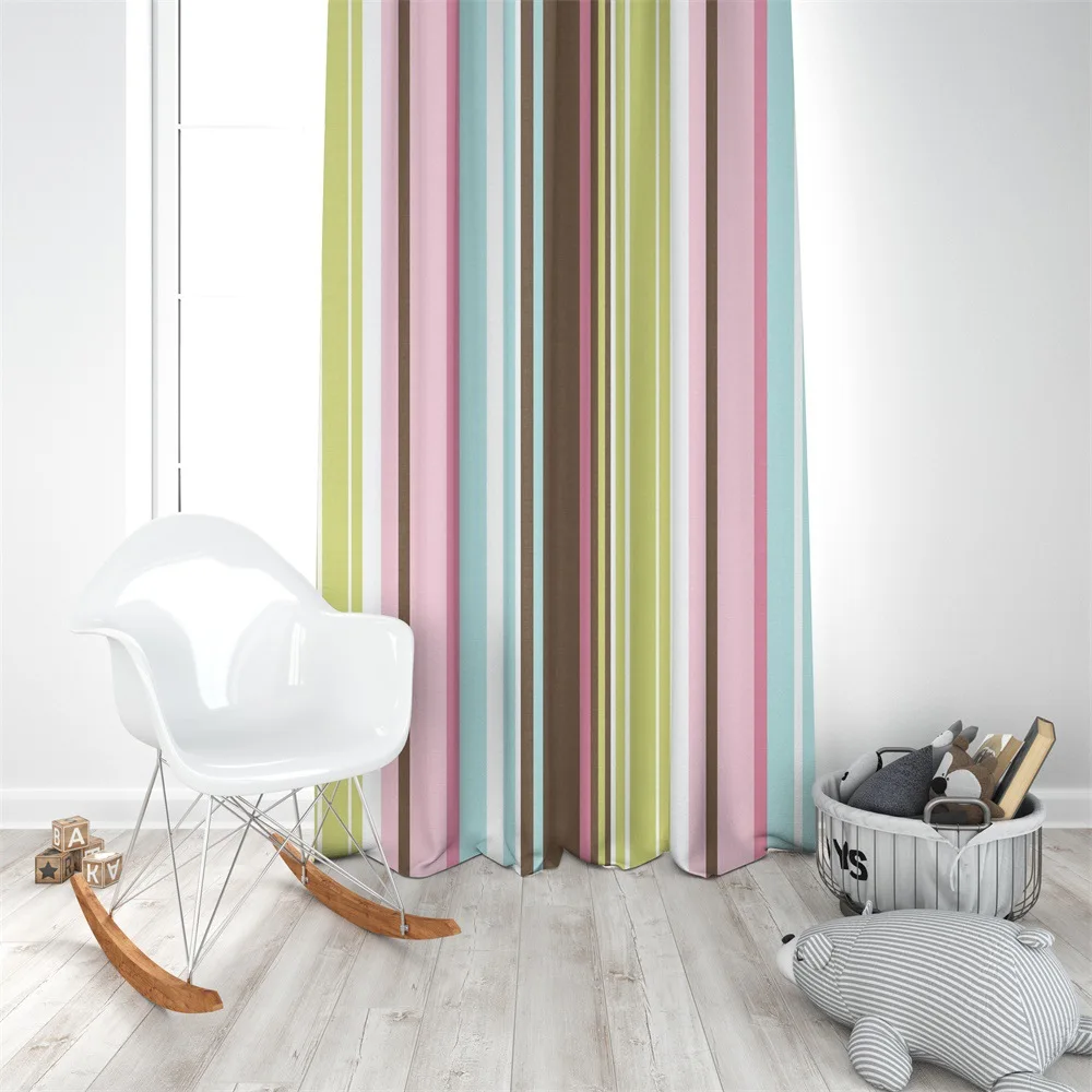 

Teenage girl room Light pink blue Colored vertical stripes curtain polyester Digital printing Partition curtain custom made