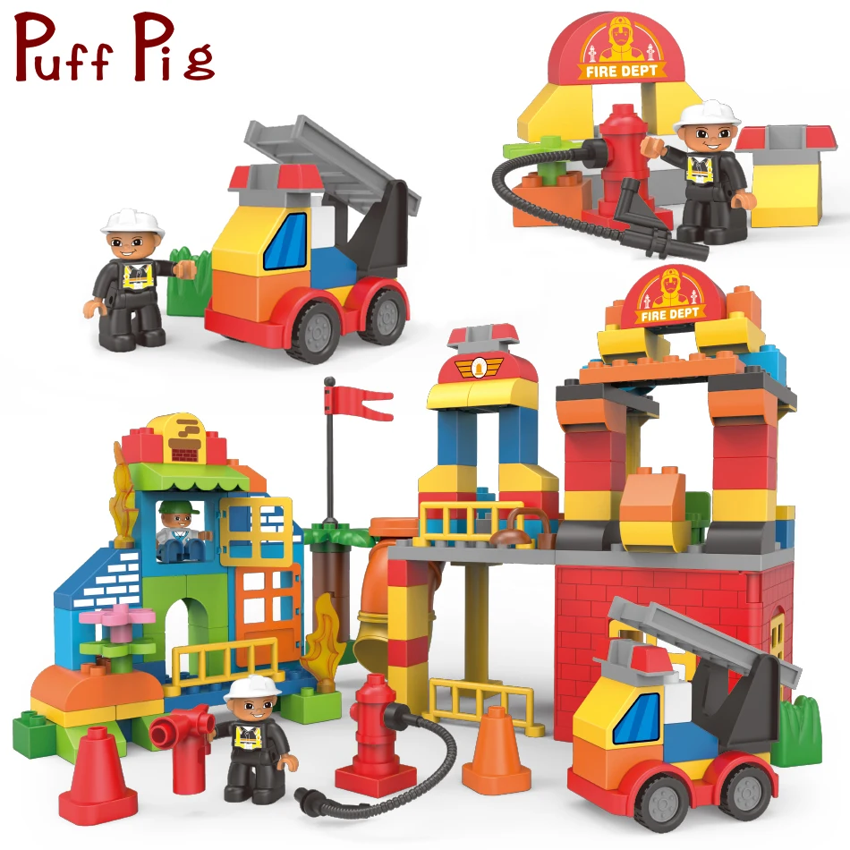 

124PCS Creative DIY Fire Station Truck Figure Big Size Building Blocks Compatible Legoed Duploe City Education Toys For Children