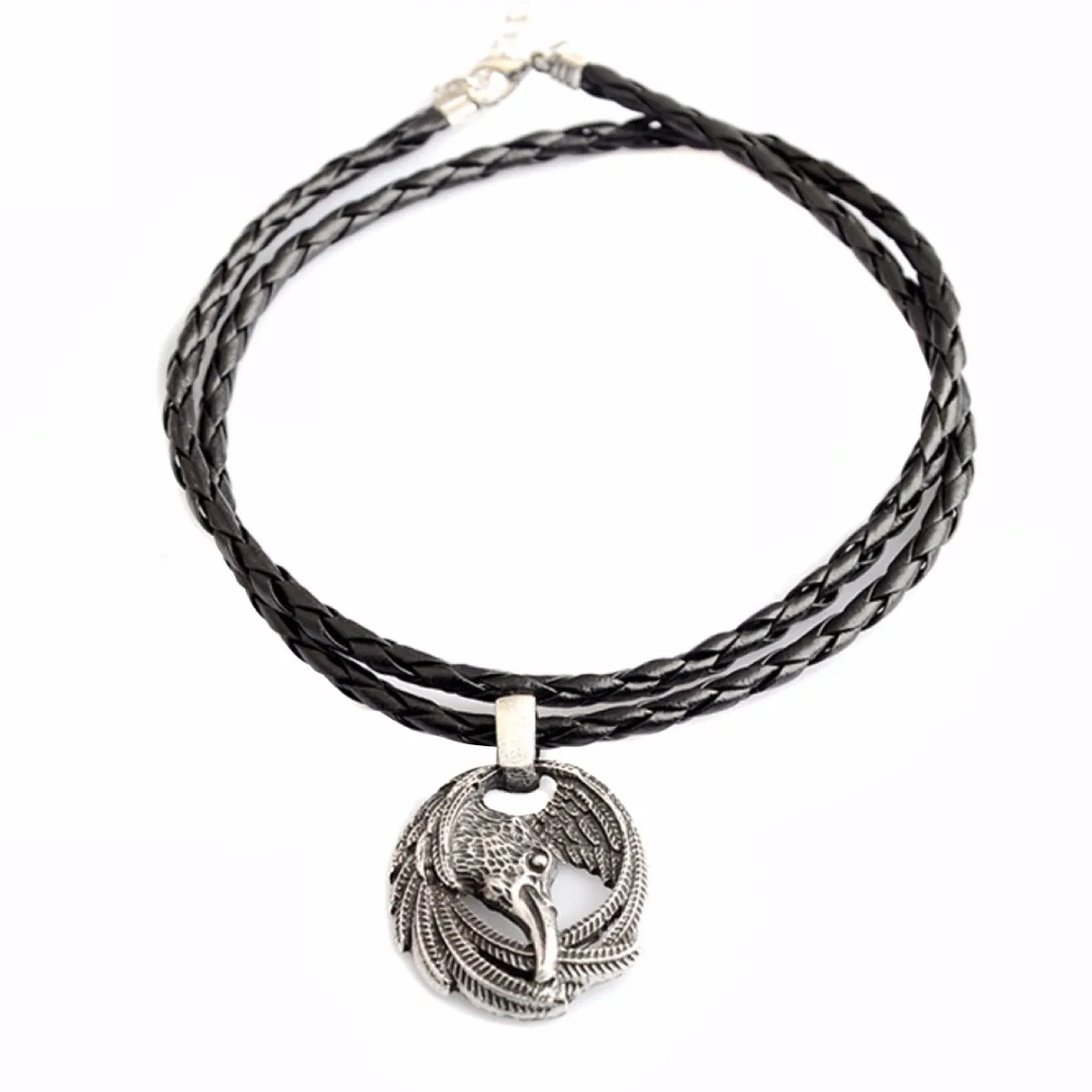 Nordic Viking Raven Crow Head Pendant Mens Black Leather Necklace Gift