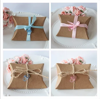 

100 X Pillow Style Kraft Paper Wedding Favors Candy Boxes Birthday Party Gift Boxes Baby Shower Bomboniera With Acrylic Nipples
