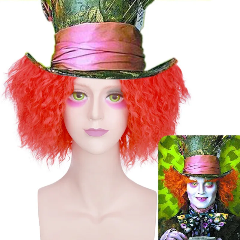 

Alice in Wonderland 2 Mad Hatter Tarrant Hightopp Orange Red Short Curly Wig Cosplay Costume Hair Halloween Costume Party Wigs