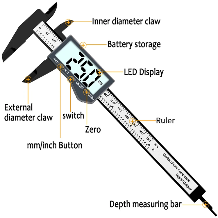 Штангенциркуль " 0-150 мм/0,1 мм, композиты из картонного волокна, штангенциркуль, микрометр с очень большим ЖК-экраном