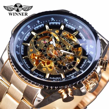 

Winner Steampunk Fashion Hip Hop Design Golden Stainless Steel Gear Movement Men Skeleton Wristwatch Top Brand Luxury Automatic