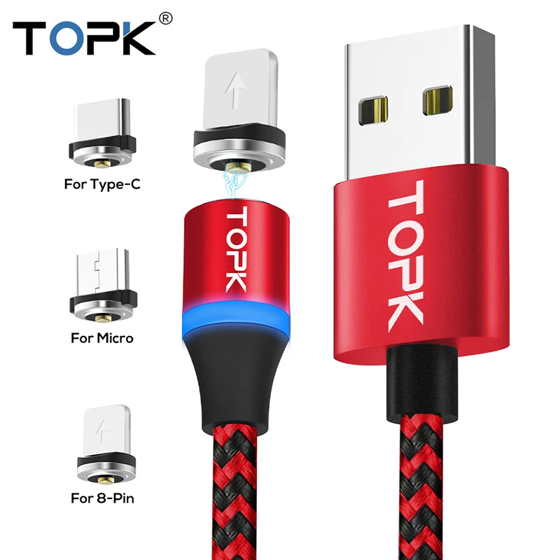 TOPK R Line3 светодиодный магнитный кабель usb type C и Micro USB Магнитный для зарядки iPhone X 8 7 6