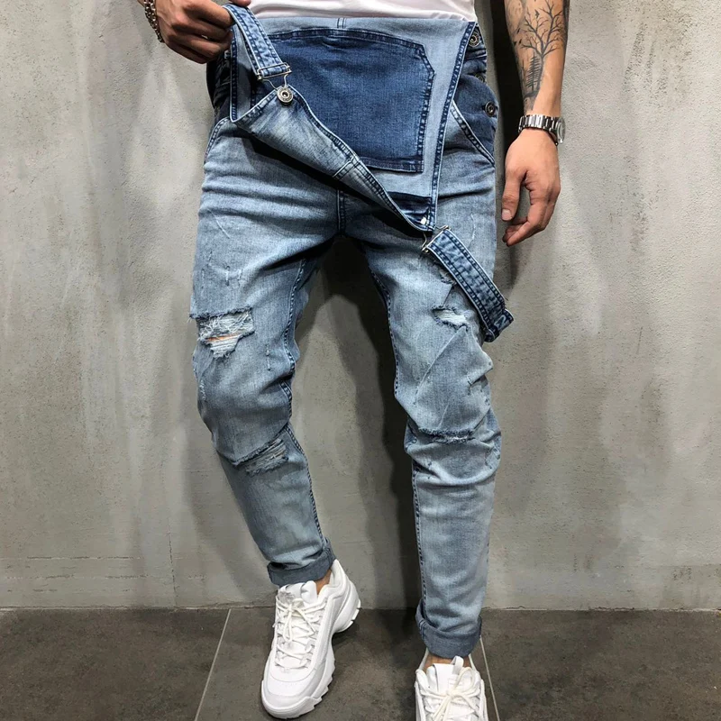 HZIJUE 2019 Fashion men jeans Men's Ripped Jeans Jumpsuits Distressed Denim Bib Overalls For Man Suspender Pants men clothes