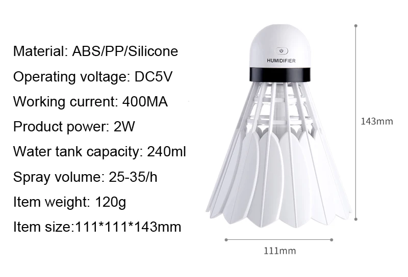 Новый 240 мл бадминтон увлажнитель мини USB Fogger Очиститель Ароматерапия эфирное масло диффузор светодиодный ночник автомобильный освежитель