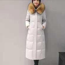 Высокое качество, белая куртка-пуховик на утином пуху, зима, новинка, средней длины, с капюшоном, Воротник из меха енота, тонкий, размера плюс, 4XL, теплый пуховик, BH063