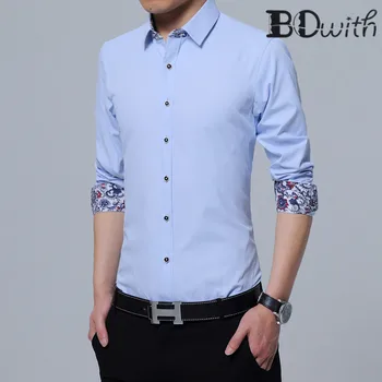 

Blue Lined with Printed Shirts Men Shirt Long Sleeved Shirt Male Social Business Dress Work Men Business Shirts Formal 4XL