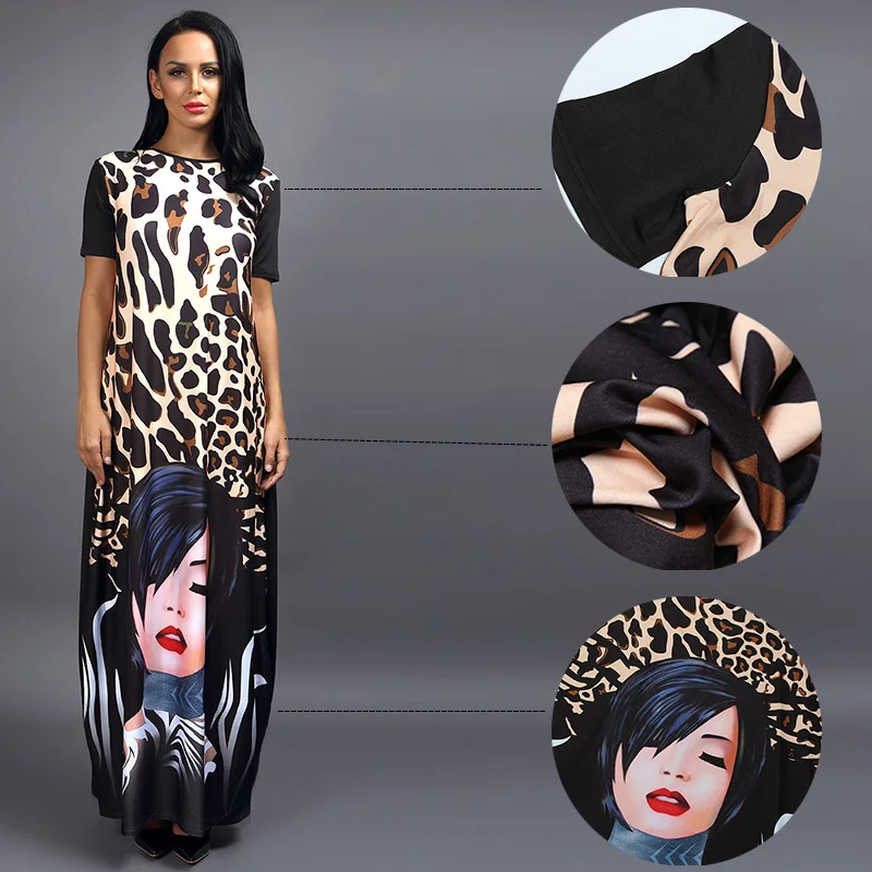 Kostlich Women Dress O-Neck Leopard Beauty Face Print Dress Sexy Women Maxi Long Dresses Plus Size Loose Casual Womens Clothing (31)
