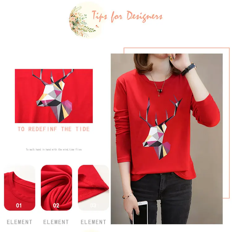 2019 Autumn Cotton T-Shirts Deer Printed Tshirts Women Leisure Long Sleeve White T-shirt Female Tops Tees Large Size M-5XL  (2)