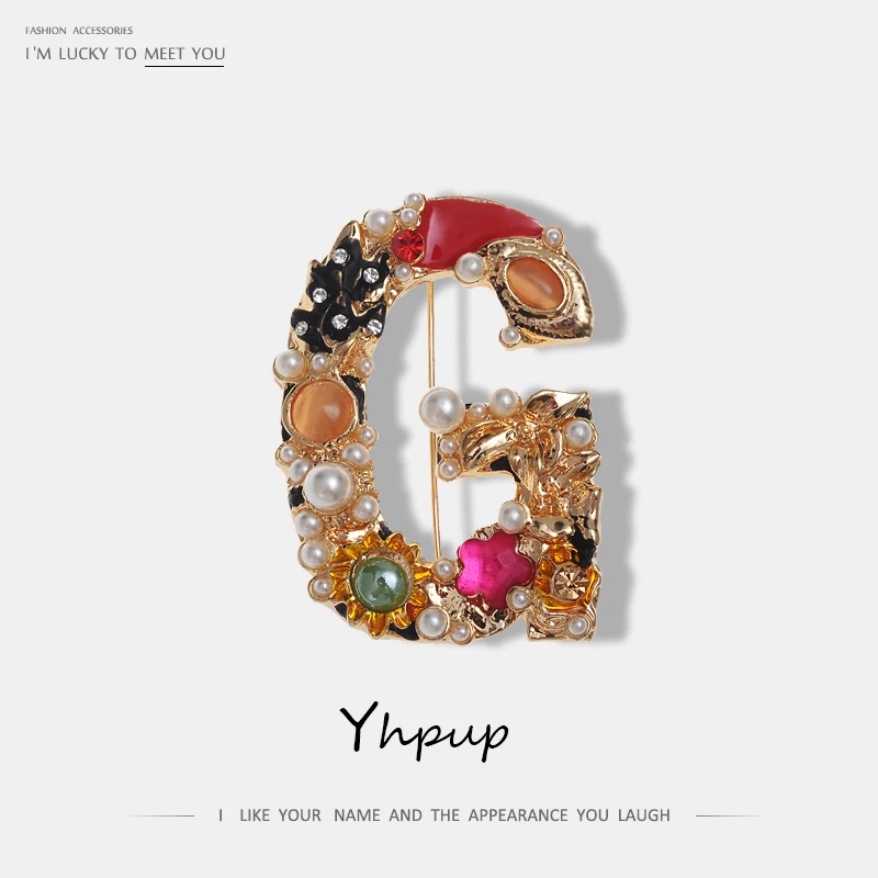 

Yhpup Luxury Exquisite Letter G Shape Pearl Rhinestone Brooch For Women Statement Enamel Colorful Brand Fashion Brooches