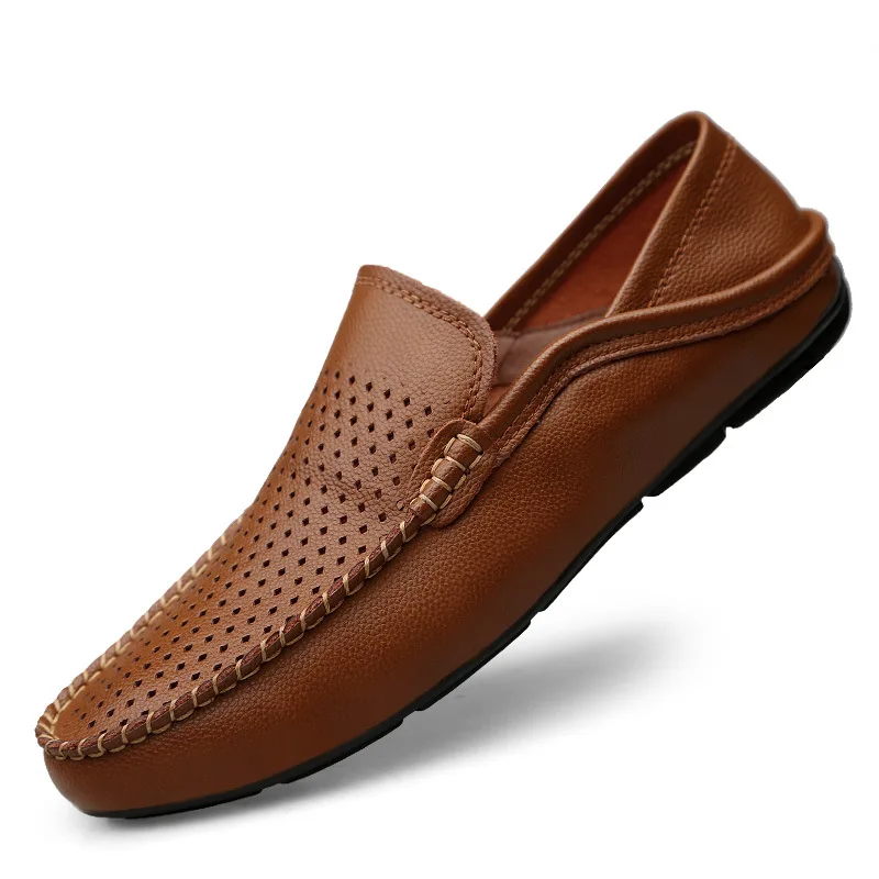 QFFAZ Men Casual Shoes Fashion Men Shoes Leather Men Loafers Moccasins Slip On Men's Flats Loafers Male Shoes - Цвет: Brown Breathable