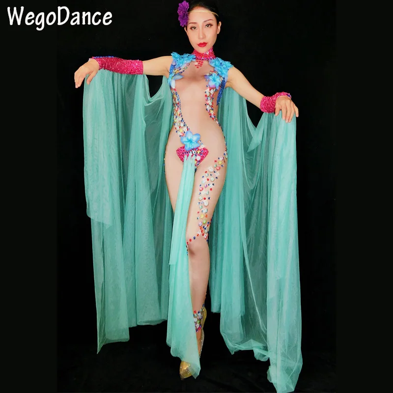 Hot Sale Big Flowers Rhinestones Stretch Nude Jumpsuit Women Sexy Costume Female Singer Dance Stage