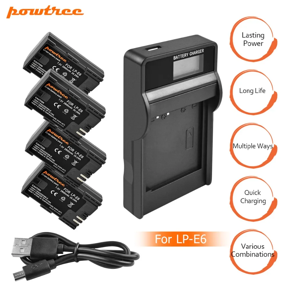 

4X LP-E6 LPE6 LP E6 Rechargeable Camera Battery+Charger with LED for Canon 5D Mark II Mark III EOS6D 7D 60D 60Da 70D 80D L15
