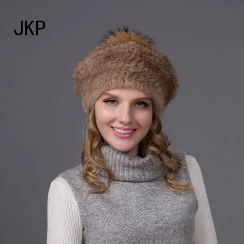 

JKP 2018 New 100% Real knitted Mink hat fox fur ball solid good quality fashion warm adult women hat BZ-02