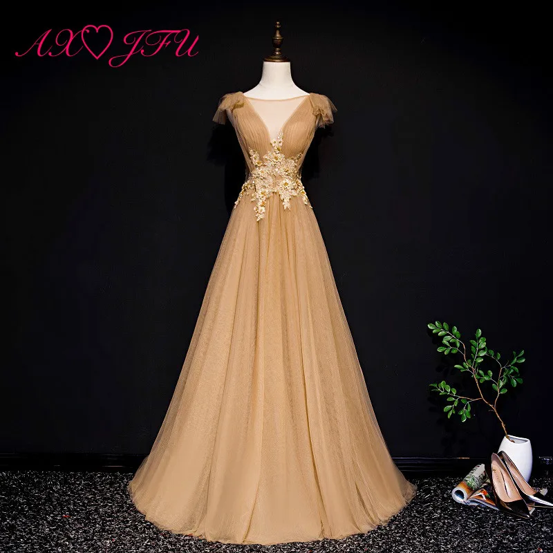 

AXJFU Princess AMBER GOLD lace beading flower evening dress luxury o neck sleeveless ruffles a line lace long evening dress
