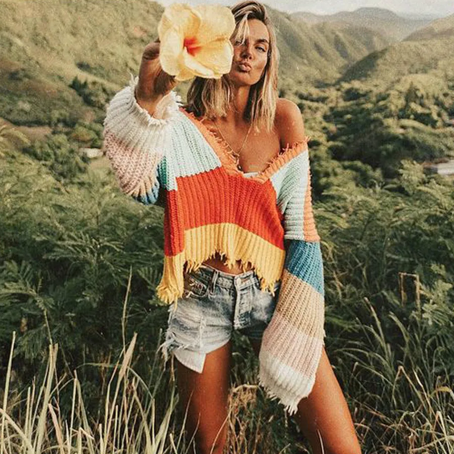 

short Boho sweater 2019 autumn Color stripe long sleeve pullovers sexy deep v-neck sweater loose knitted women sweatersFeccer