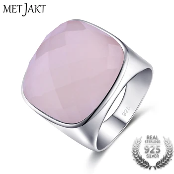 

MetJakt Genuine Natural Square Stone 21.24ct Rose Quartz Ring Solid 925 Sterling Silver Rings for Women Occasions Fine Jewelry