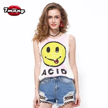 7mang, летний женский Топ harajuku с милым смайликом и блестками, облегающий, в стиле панк, вечерние, черный, белый