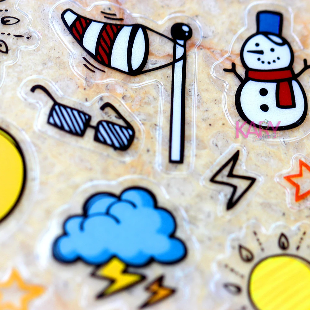 

Sunny Rainy Cloudy Thunderstorms Snowy Weather Summer Moon Night Scrapbooking PVC Plastic Foil Stickers Kawaii Emoji Kid Toys 09