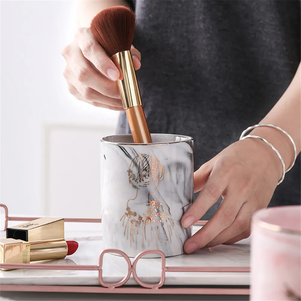 

Marble Ceramic Storage Jar Cosmetic Brush Handmade Golden Rim Organize Jar Nordic Office Desktop Pen Holder Box Grey Pink