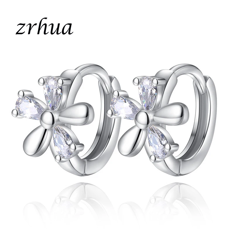 ZRHUA модный, элегантный, Кристальный серьги-кольца цветок для женщин Свадебные простые роскошные серебряные 925 ювелирные изделия женские рождественские подарки